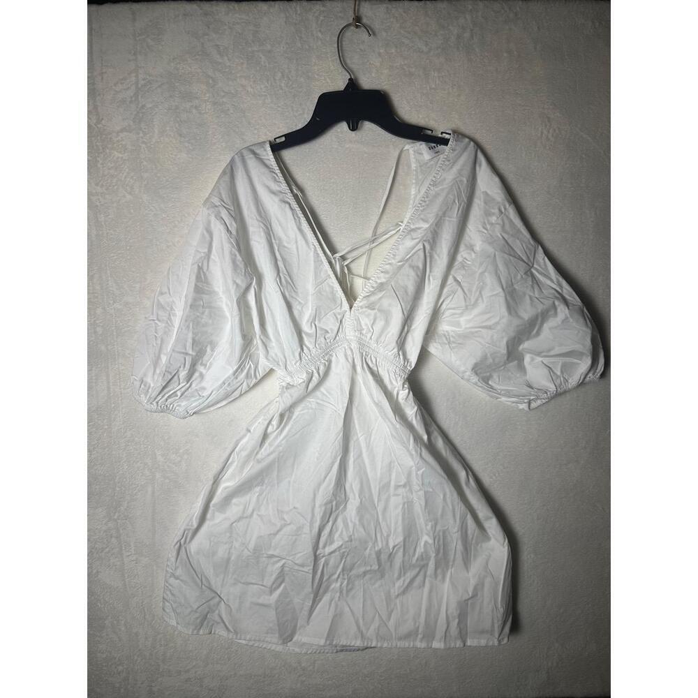 Suboo White Puff Sleeves Deep V Neck Open Back Tie Mini Dress Size‎ XS